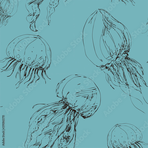 Hand drawing vector pattern of jellyfish. Black grafic on blue background
