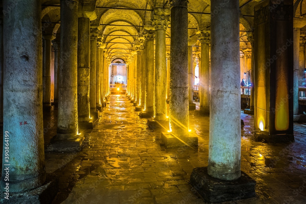 Interior of the Basilica Cistern, the largest of several hundred ancient cisterns that lie beneath the city of Istanbul, Turkey. It was built in the 6th century.