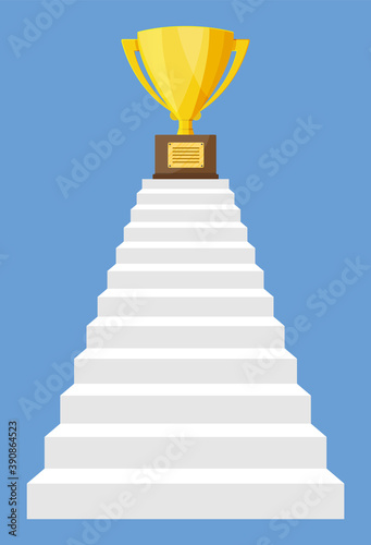 Golden trophy on ladder of success. Award, victory, goal, champion achievement. Business success, triumph, goal. Growth in career. Winning of competition. Vector illustration flat style