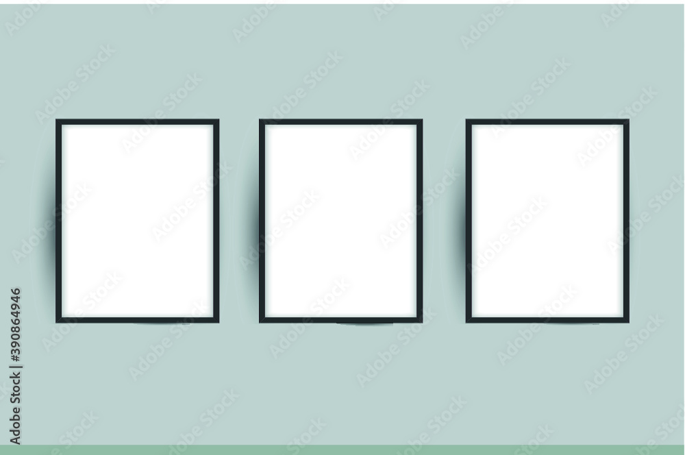 Vertical 3 black frame poster on gray wall. black frame mock up. vector Vertical 3 black frame poster on gray wall. black frame mock up. vector