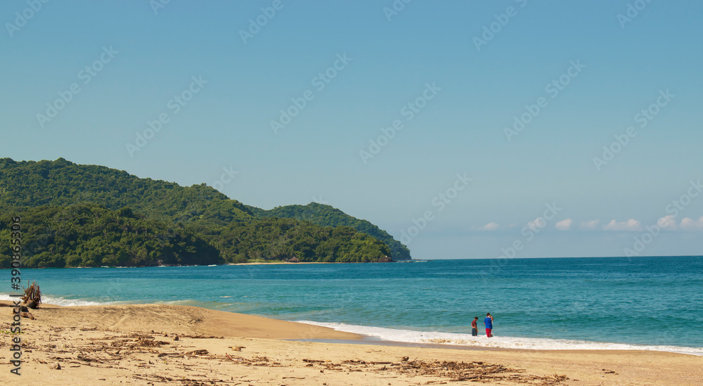 Beautiful landscape of the mexican pacific coast in a sunny day with a blue and clear sky, trees, palms and green hills, some waves and sand in the beach