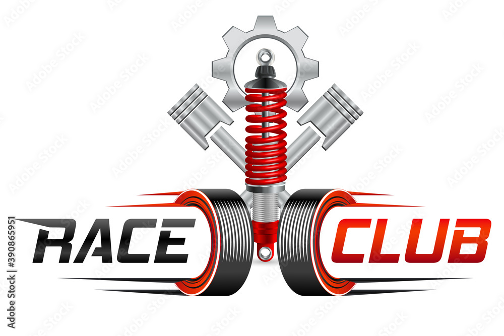 Reifen, Stoßdämpfer, Motorkolben, Zahnrad - Race Club / Werkstatt Logo  Stock Vector