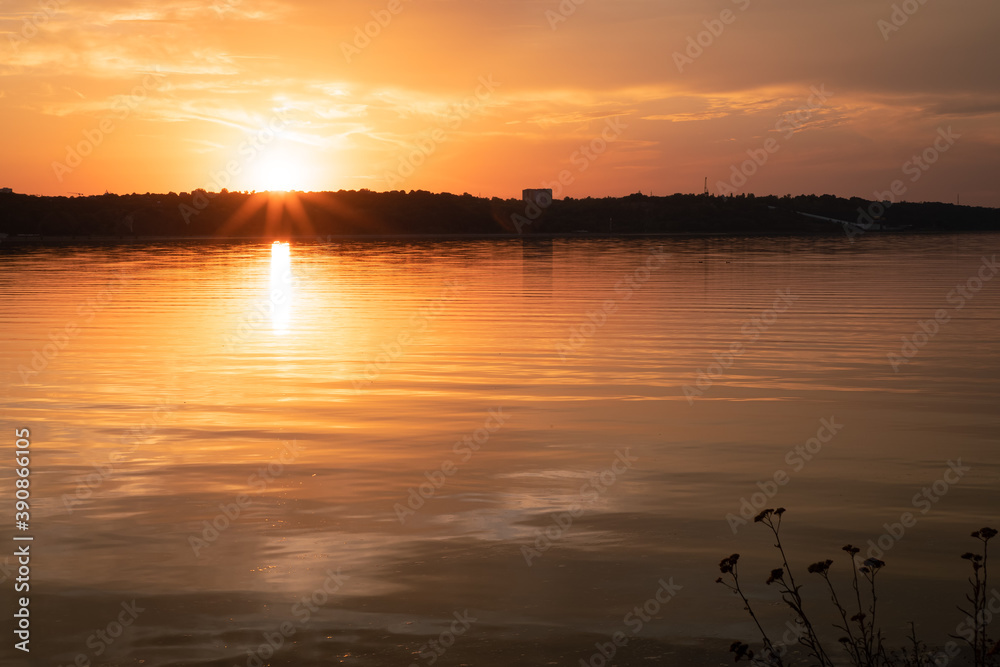 Bright sunset over the Kiev Sea, Ukraine