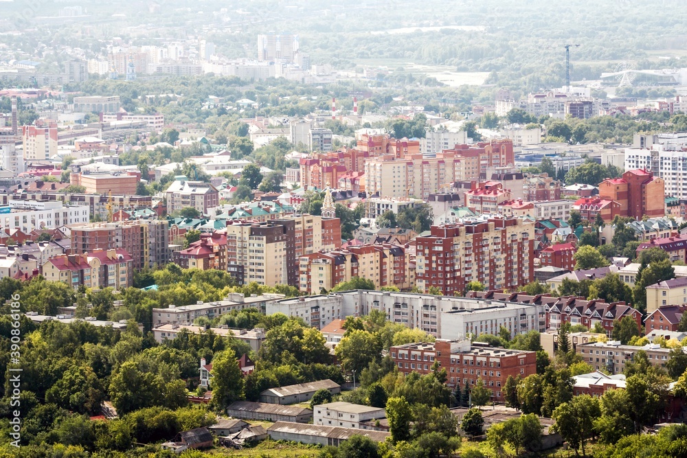 Aerial view of new elite district in the center of Ulyanovsk, Russia. Sunny september day.