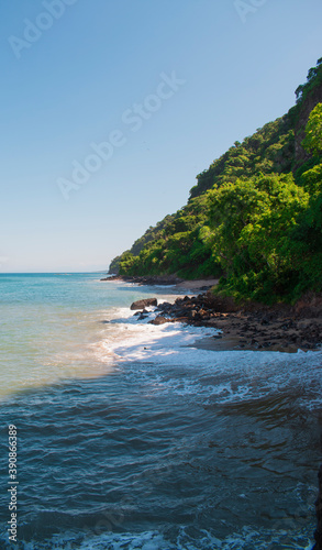 Pacific ocean coast line in mexico with some green trees in a hill, the perfect place for take vacations in a sunny day with a clear blue sky in the background
