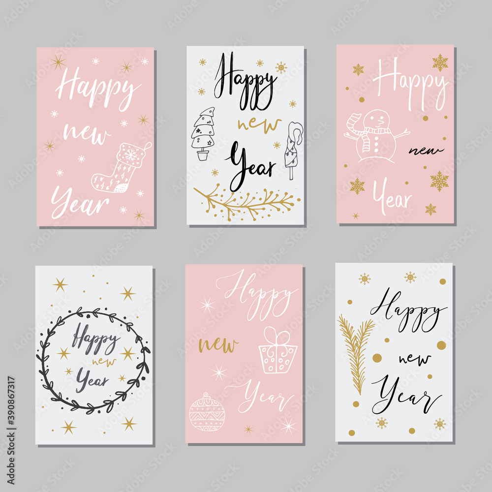 Naklejka premium Set of Christmas and New Year cards with symbols of the holiday.
