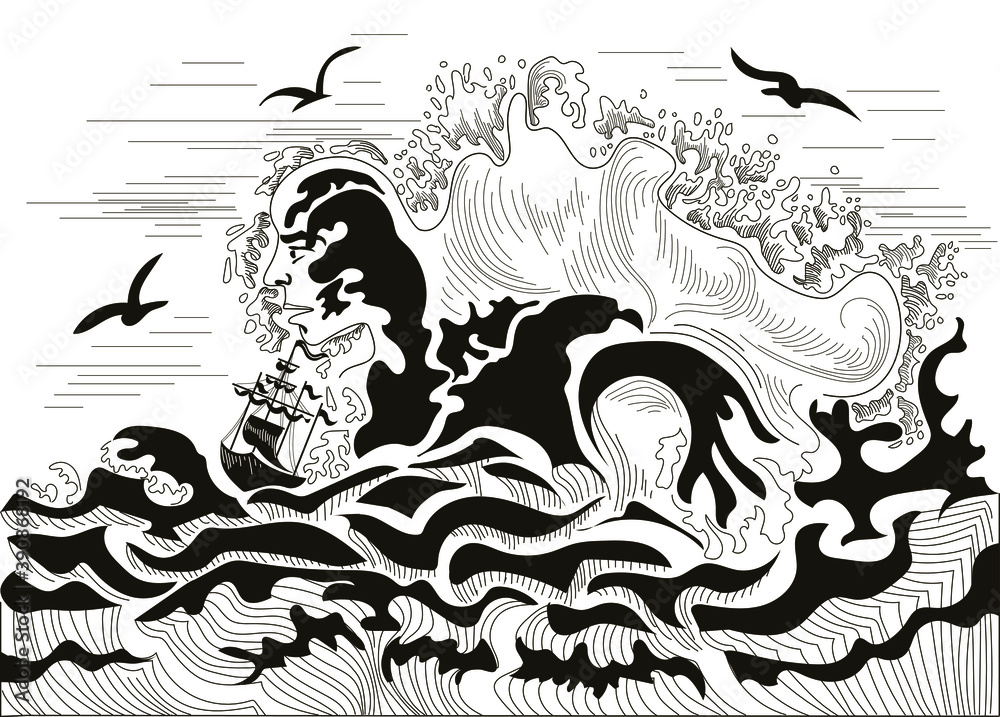 A storm is drawn, big waves, seagulls are flying, one wave is the image of an evil man who is trying to drown the ship. The drawing is done in black and white. A storm is drawn, big waves, seagulls are flying, one wave is the image of an evil man who is trying to drown the ship. The drawing is done in black and white.