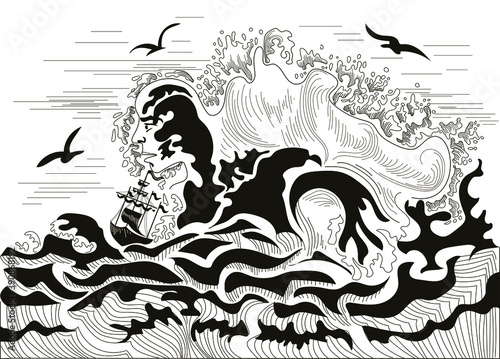A storm is drawn  big waves  seagulls are flying  one wave is the image of an evil man who is trying to drown the ship. The drawing is done in black and white.