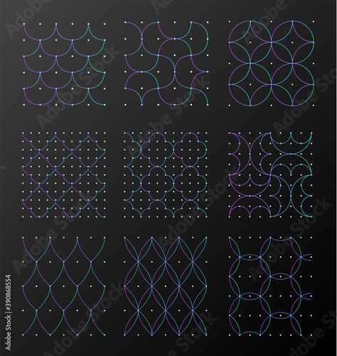 Collection of  ornametal patterns in blue and pink gradient  on dark grey background