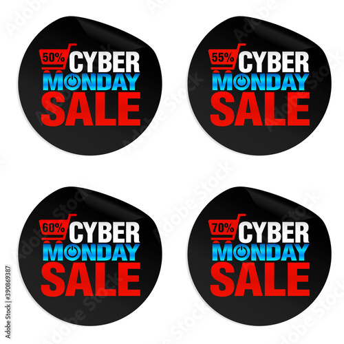Concept modern stickers cyber monday sale 50%, 55%, 60%, 70% off. Vector illustration