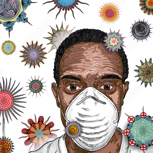 Man in protective medical face mask and background of mutated coronavirus Covid 19 in the air. Commuter wearing protection from virus, urban air pollution, pollen, dust, gas emission and dirt. Vector.