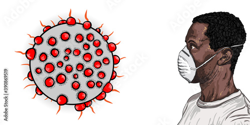COVID-19 prevention hand drawing, with man safely wearing protecting mask in the city while to prevent potential coronavirus infection. Mutated virus background and need of vaccine. Vector.