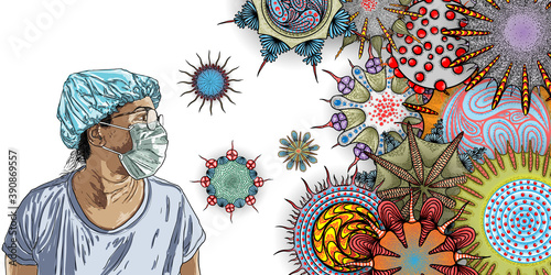 Essential Workers Concept. Nurse or doctor standing as angel in the medical mask, safety coat Personal Protective Equipment PPE. Background of mutated coronaviruse and flu viruses in the air. Vector.