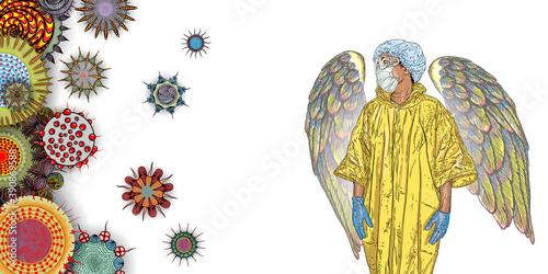 Essential Workers Concept. Nurse or doctor standing as angel in the medical mask, safety coat Personal Protective Equipment PPE. Background of mutated coronaviruse and flu viruses in the air. Vector.