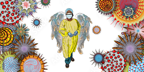 Essential Workers Concept. Nurse or doctor standing as angel in the medical mask, safety coat Personal Protective Equipment PPE. Background of mutated coronaviruse and flu viruses in the air. Vector.