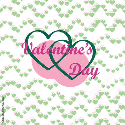 greeting card for the holiday valentine's day. Valentine's card is made in colors: green, pink. The background is white. Shapes are isolated - heart and circle