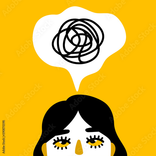Female face with anxiety in head, depression and adhd concept. Vector illustration. Woman with mental disorder and chaos in thoughts. Frustrated or confused girl sketch. photo