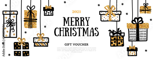 Gift voucher with hanging doodle gift boxes, black line and gold glitter texture on white background. Holiday Invitation Card, Glowing New Year or Christmas Certificate for Shopping.