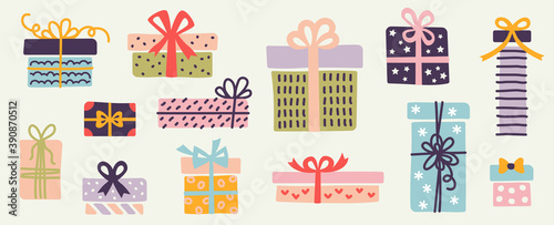 Set of doodle gift boxes, colorful silhouettes with bow and ribbons isolated on white background. Wrapping paper patterns, kids drawing sketch style