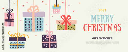 Gift voucher with hanging colorful doodle gift boxes on white background. Holiday Invitation Card, Funny New Year or Christmas Certificate for Shopping.