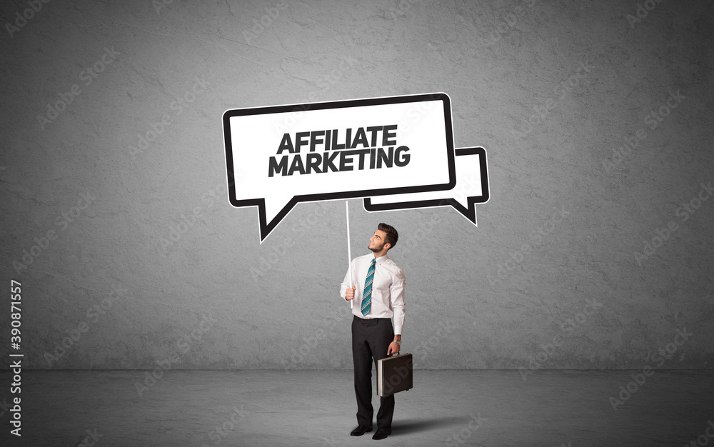 Young business person in casual holding road sign with AFFILIATE MARKETING inscription, new business idea concept Young business person in casual holding road sign with AFFILIATE MARKETING inscription, new business idea concept