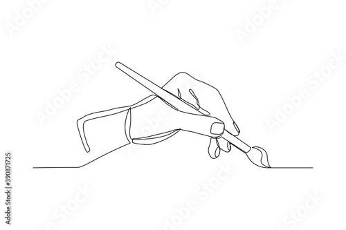 continuous line drawing hand holding painting brush. One line concept of creative artist work. Vector illustration