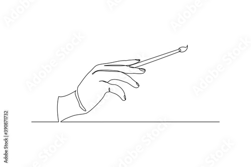 continuous line drawing hand holding painting brush. One line concept of creative artist work. Vector illustration