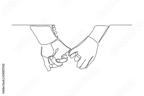 Continuous line drawing of couple hand holding together. One line concept of romance relationship making pinky promise. Vector illustration