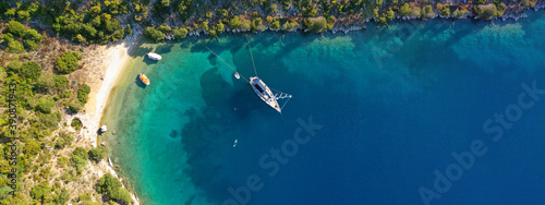 Fototapeta Naklejka Na Ścianę i Meble -  Aerial drone ultra wide panoramic photo of tropical exotic emerald sea wit turquoise crystal clear waters in asian destination island