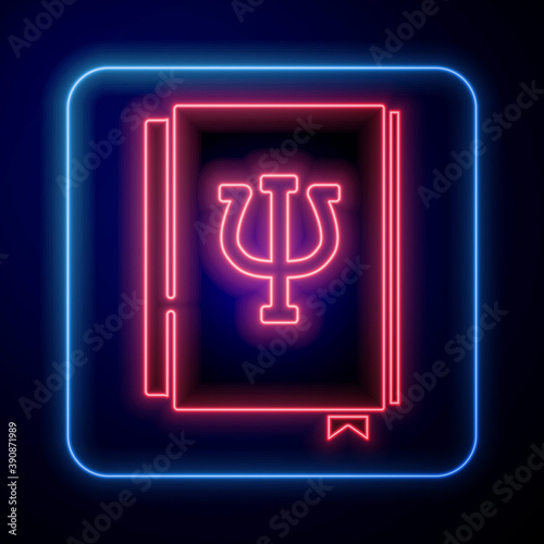 Glowing neon Psychology book icon isolated on blue background. Psi symbol. Mental health concept, psychoanalysis analysis and psychotherapy. Vector.