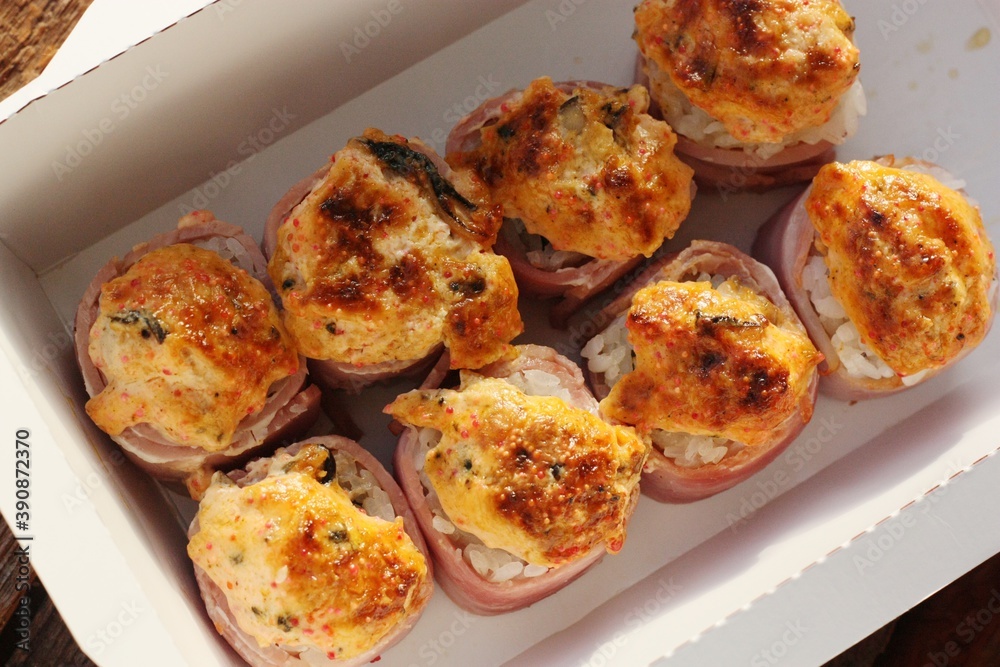 Japanese rolls with bacon rice and mussels Japanese rolls with bacon rice and mussels