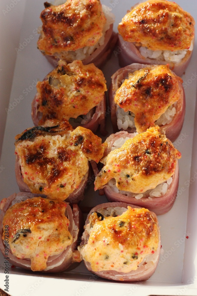 Japanese rolls with bacon rice and mussels Japanese rolls with bacon rice and mussels