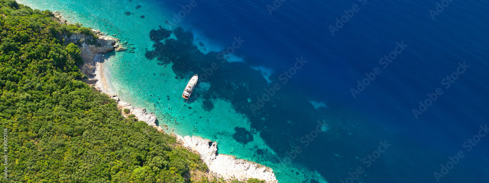Aerial drone ultra wide panoramic photo of beautiful turquoise bay in island of Ithaki or Ithaca, Ionian, Greece