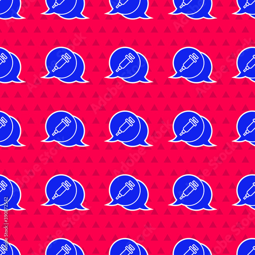 Blue Addiction to the drug icon isolated seamless pattern on red background. Heroin, narcotic, addiction, illegal. Sick junkie with a syringe and medical pills. Vector.
