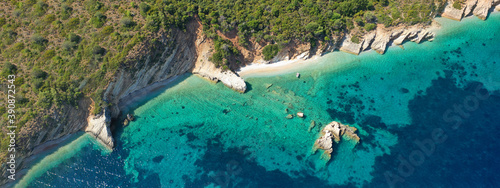 Aerial drone ultra wide panoramic photo of beautiful turquoise bay in island of Ithaki or Ithaca, Ionian, Greece