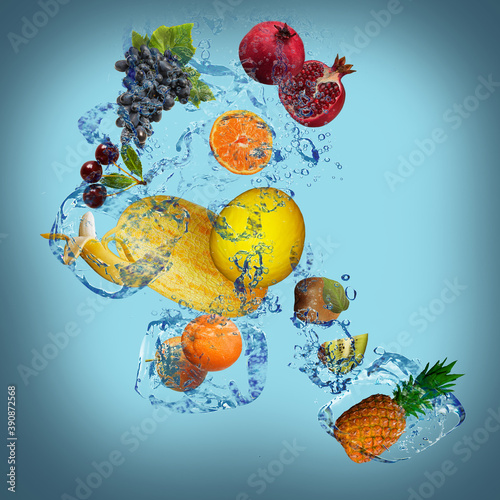 Fototapeta Naklejka Na Ścianę i Meble -  Panorama with fruits in splashes of water - juicy pomegranates, grapes, cherries, orange, melon, banana, kiwi, orange, pear, pineapple are full of vitamins and are very beneficial for our health