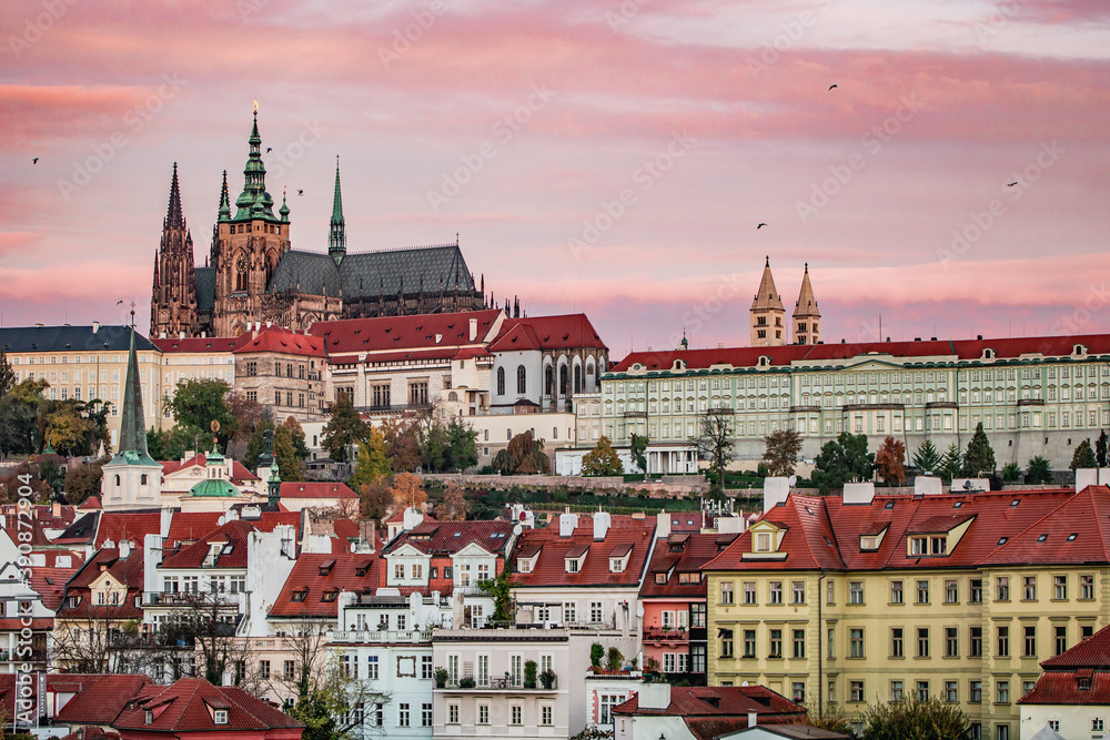 The View on Prague gothic Castle from Charles bridge at Sunrise, Czech Republic