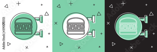 Set Online ordering and burger delivery icon isolated on white and green, black background. Vector.