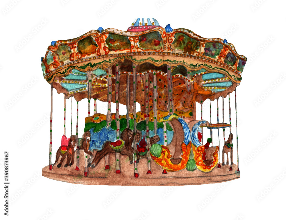 Carousel with horses isolated on white background.Winter illustration. Carousel with horses isolated on white background.Winter illustration.