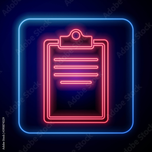 Glowing neon Clipboard with checklist icon isolated on blue background. Control list symbol. Survey poll or questionnaire feedback form. Vector.