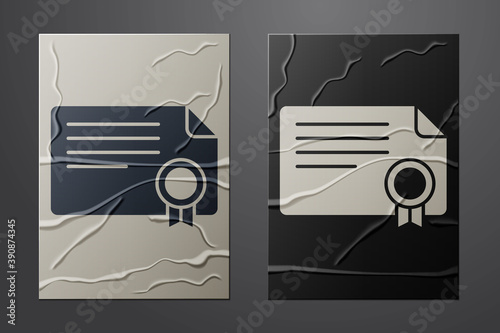 White Certificate template icon isolated on crumpled paper background. Achievement, award, degree, grant, diploma concepts. Paper art style. Vector.