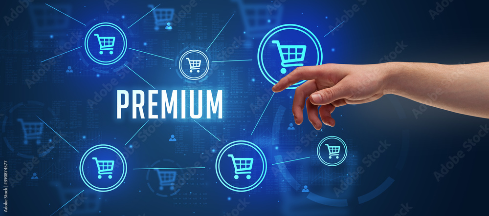 Fototapeta premium Close-Up of cropped hand pointing at PREMIUM inscription, online shopping concept