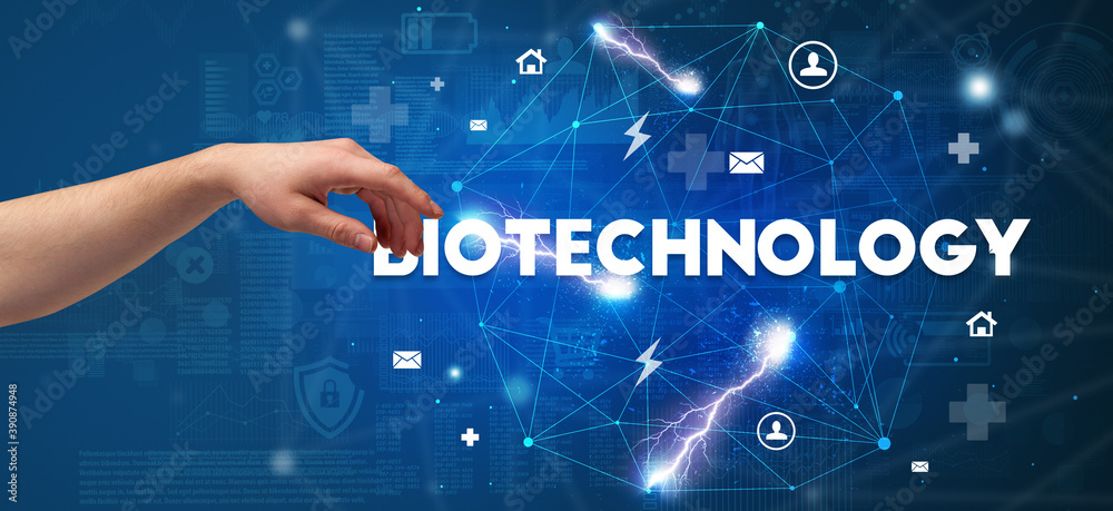 Hand pointing at BIOTECHNOLOGY inscription, modern technology concept Hand pointing at BIOTECHNOLOGY inscription, modern technology concept