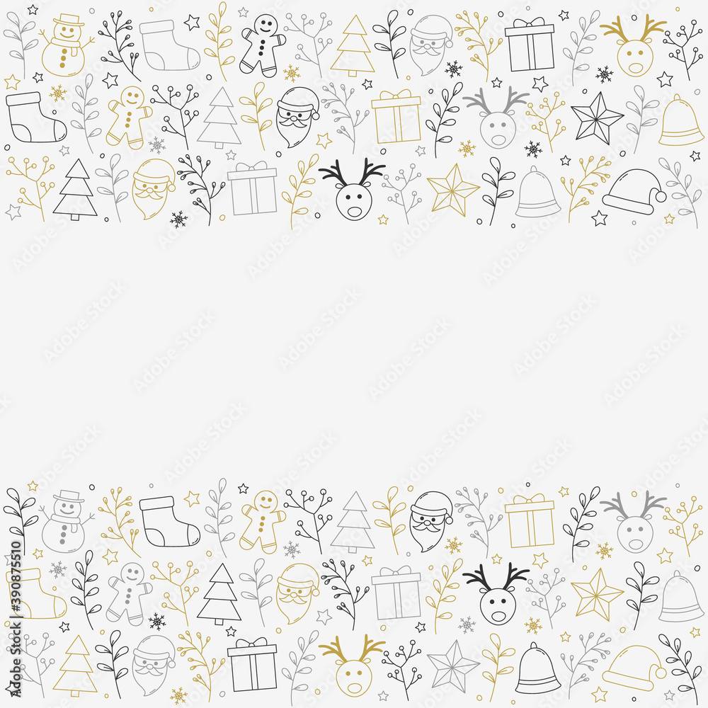 Christmas background with decorations. Xmas card with copyspace. Vector