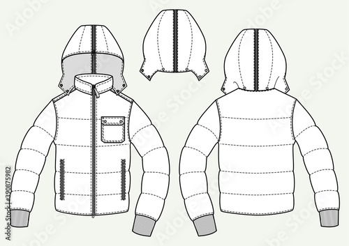 Piumino uomo con cappuccio e tasca applicata disegno piatto sketch fashion illustration fronte e retro mock up vettoriale