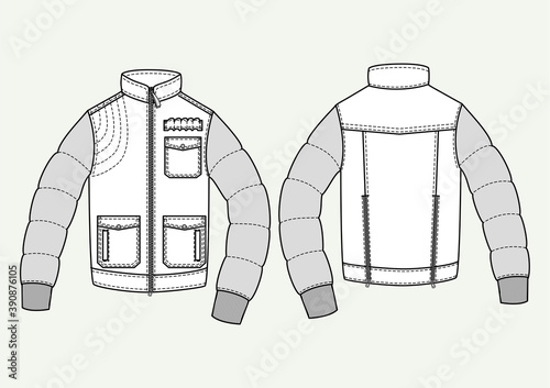 Piumino uomo con maniche a contrasto disegno piatto sketch fashion illustration fronte e retro mock up vetttoriale