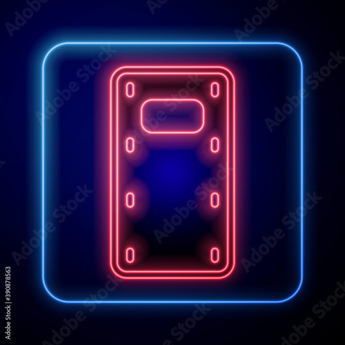 Glowing neon Military assault shield icon isolated on blue background. Vector.