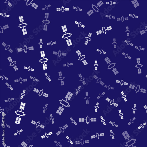 White Satellite icon isolated seamless pattern on blue background. Vector.