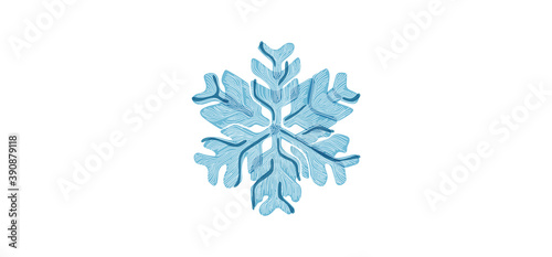 Blue shaded snowflake with transparent elements isolated on white background. Holiday and winter symbol.