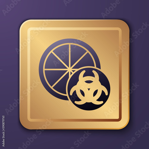 Purple Genetically modified citrus fruit icon isolated on purple background. Orange in a cut. Healthy lifestyle. GMO fruit. Gold square button. Vector.
